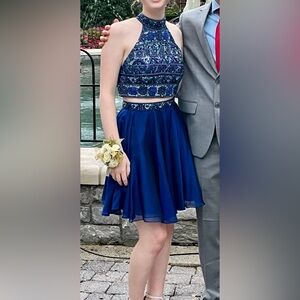 Sherri Hill Navy Blue Two-Piece Beaded Halter Prom Dress